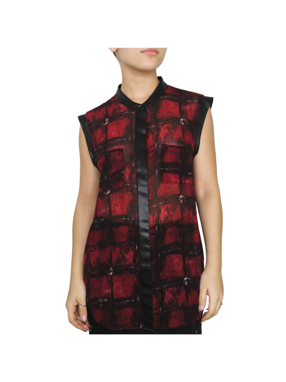 Rock & Republic Sleeveless Mesh Blouse Red & Black Plaid Edgy Button Up Medium